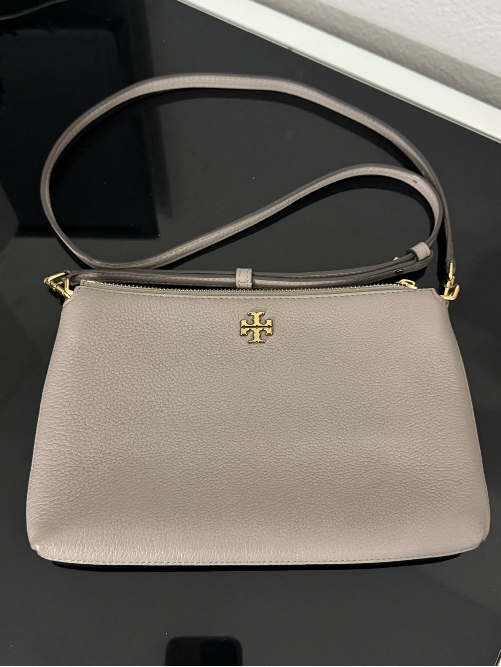Tory Burch Crossbody Bag Taupe Gray Pebbled Leather Gold Hardware